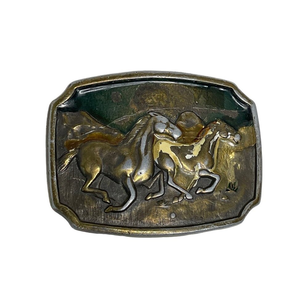 VINTAGE Wild Horses Solid Brass Belt Buckle Enamel U.S.A. Western Rustic Cowboy - Picture 1 of 10